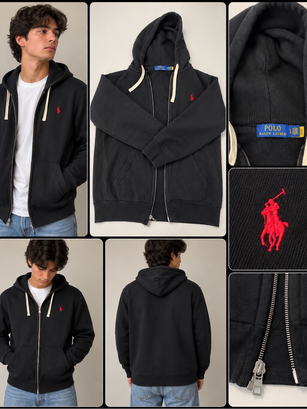 Polo Ralph Lauren Men's Large Black
Full Zip Hoodie Red Pony Logo